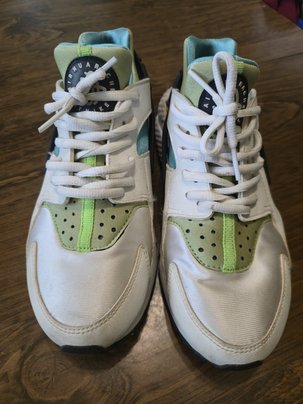 Womens Nike Huarache White and Lime Athletic Sneakers